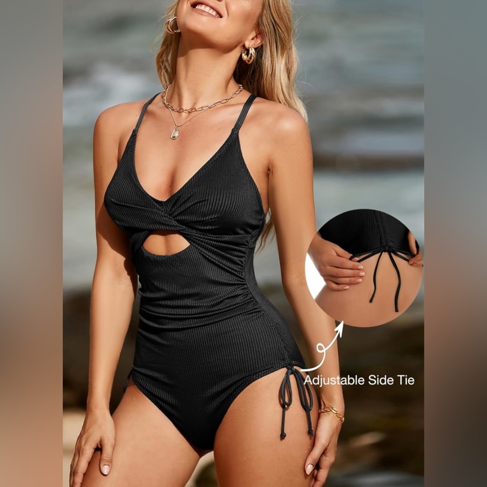 Aleumdr S Black Ribbed Twist Front Cutout One Piece Swimsuit Adjustable Side Tie